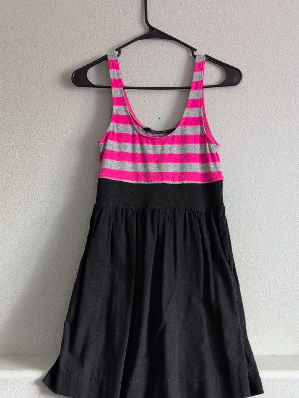 Pink and Gray Striped Tank Top with Black Skirt Dress